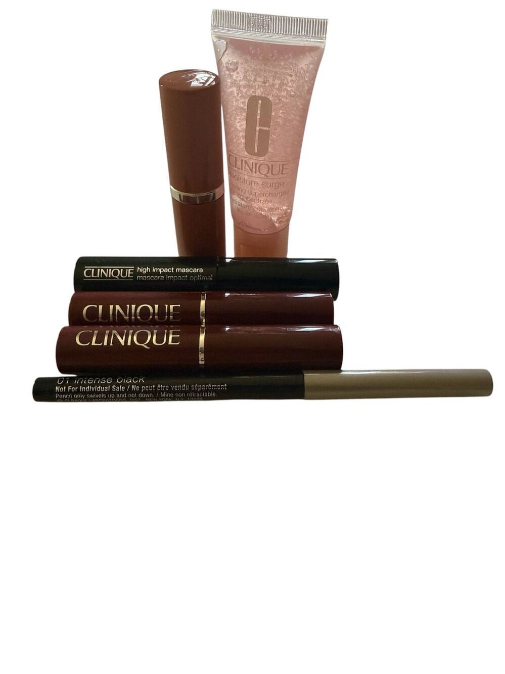 Lot of 6 Clinique Lipsticks Barely & Black Honey Mascara Moisture Surge Eyeliner